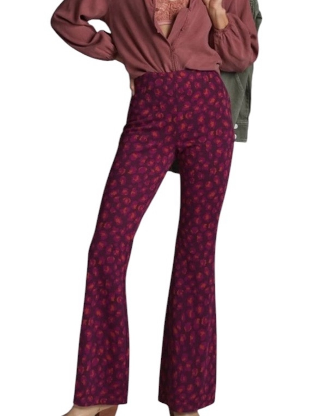 Anthropologie Porridge Flared Ponte Pull-On Pants Wine Burgundy Ditsy Floral XL